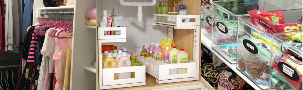 Three photos of home organizing products.