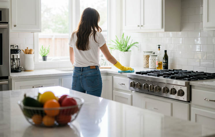cleaning and decluttering tips - woman cleaning kitchen.