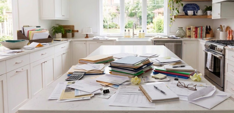 Piles of Paperwork in Kitchen