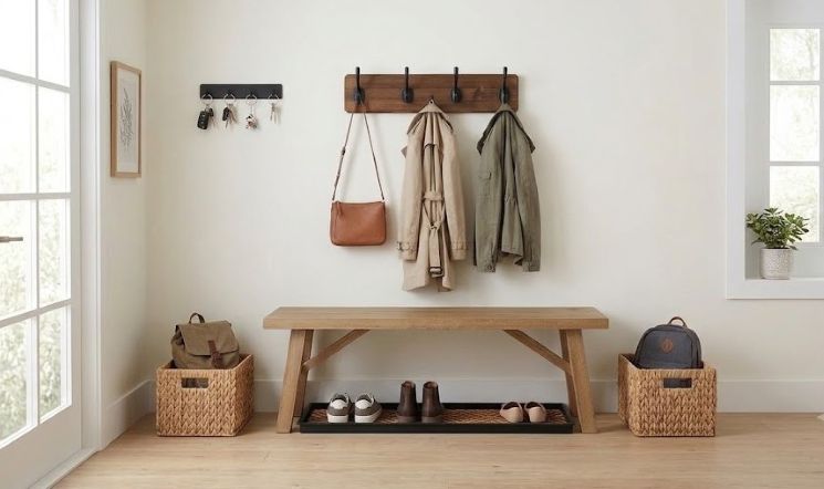 Creative drop zone for a no mudroom solution.